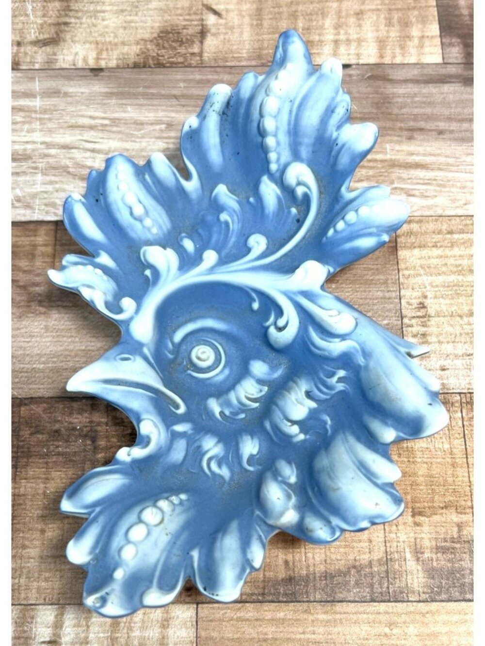 Vintage Blue Ceramic Rooster Shaped Dish/Tray With Intricate Detailing